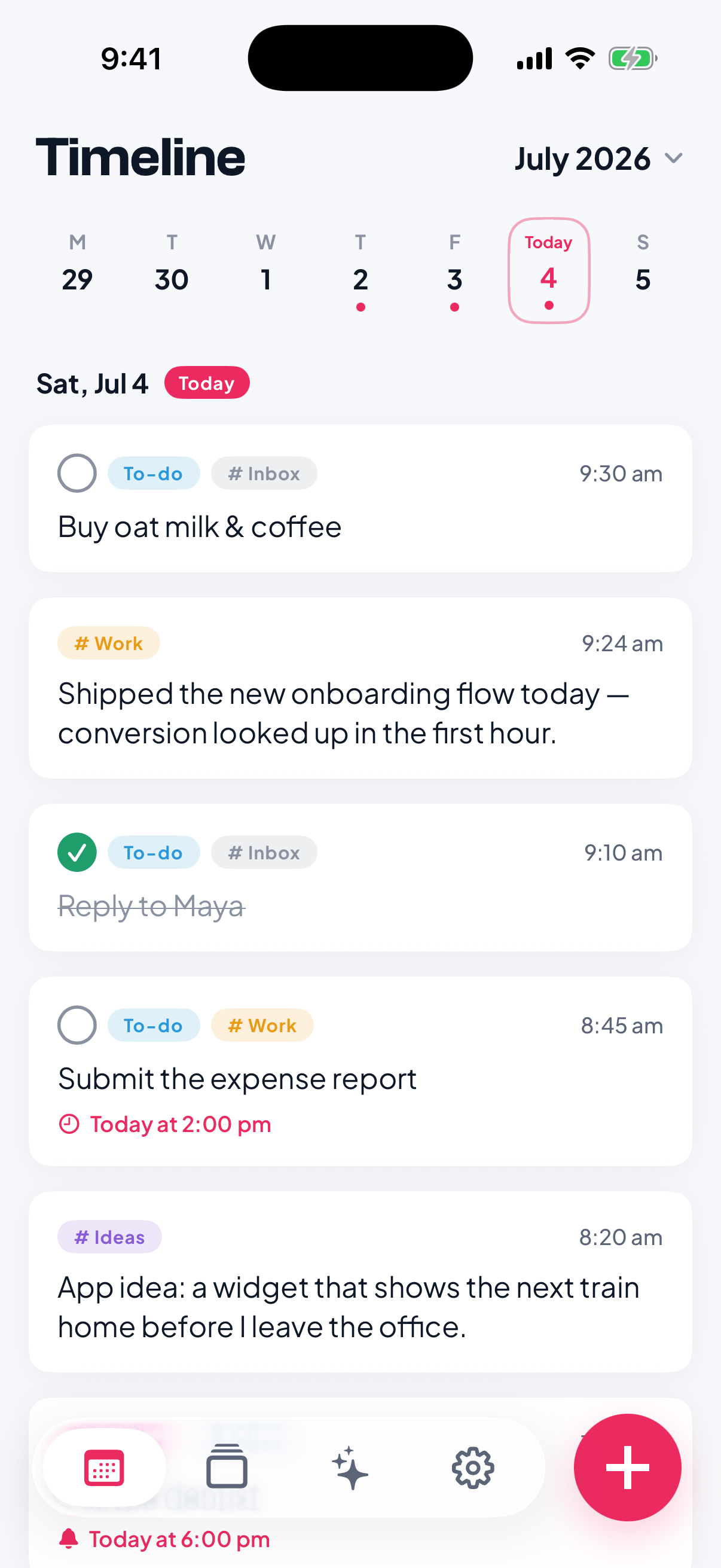 The Fly Notes timeline showing voice notes, to-dos, and reminders captured through the day.
